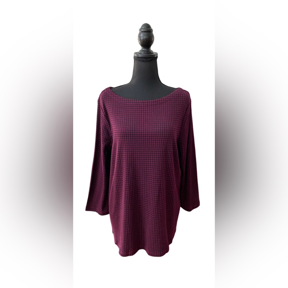Chico’s: Plum Purple Houndstooth Blouse with Mid Sleeves